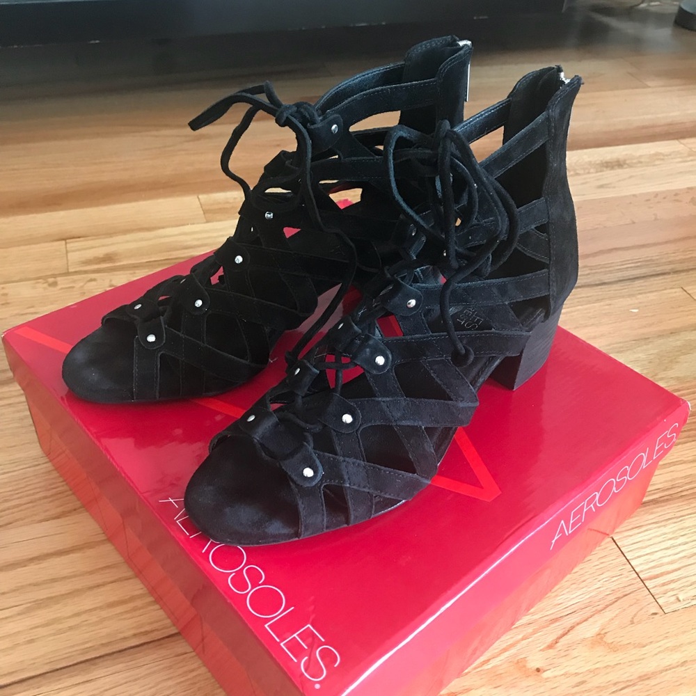Lace up black suede bootie sandal, summer or fall